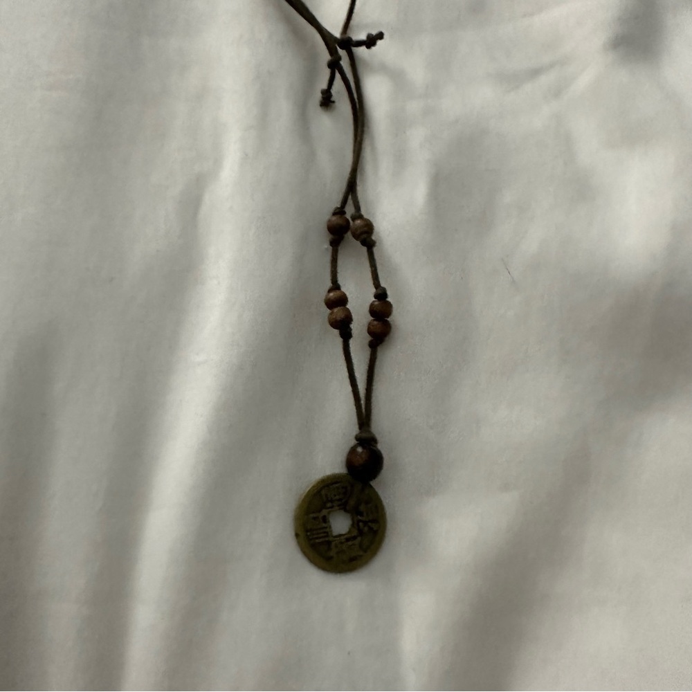 Bohemian Necklace with Wooden Beads and Coin Pendant